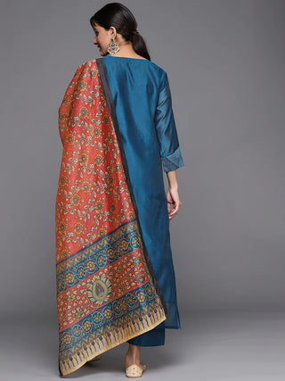 Chanderi Silk Teal Blue Kurta with Silk Blend Trouser and Dupatta