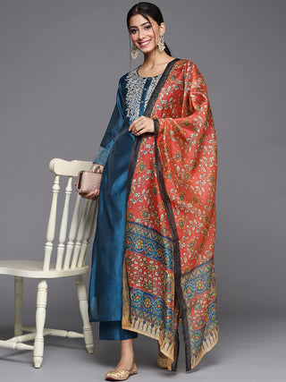 Chanderi Silk Teal Blue Kurta with Silk Blend Trouser and Dupatta