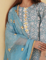 Cotton Sky Blue Printed Suit Set with Kotta Doriya Dupatta