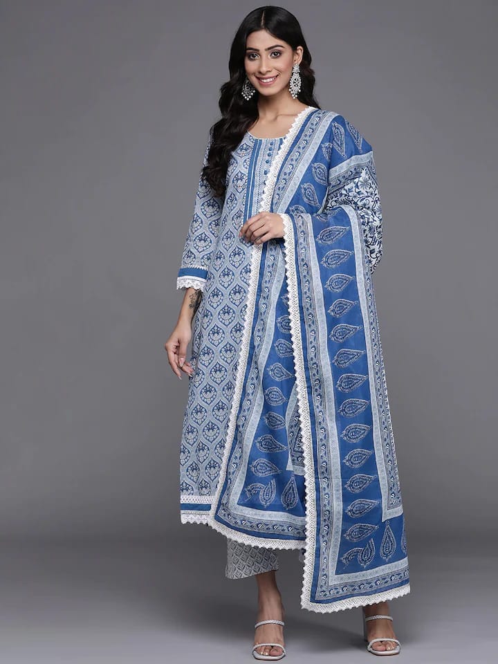 Cotton Blue & Grey Printed Suit Set with Dupatta