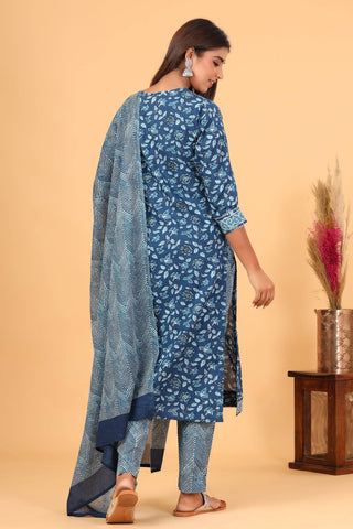 Cotton Blue Floral Print Suit Set