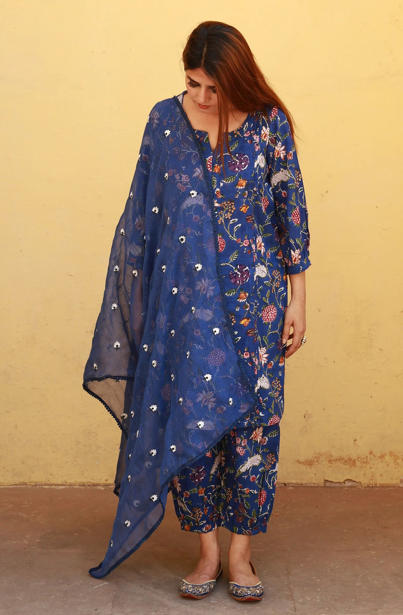 Cotton Blue Printed Suit Set with Doriya Dupatta