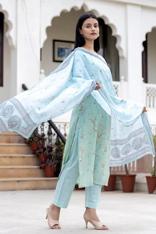 Blue Modal Silk Floral Print Suit Set