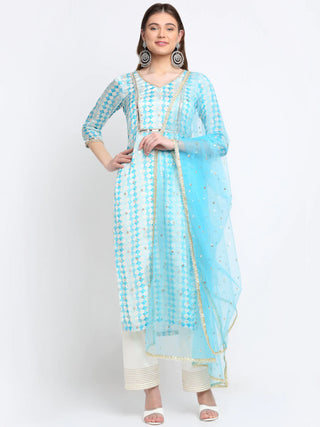 Blue & White Tie Dye & Mirror-Sequin Embellished Suit Set with Dupatta