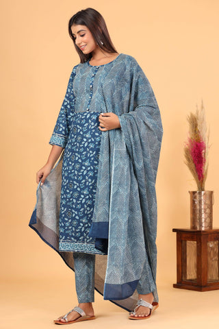 Cotton Blue Floral Print Suit Set - Ria Fashions