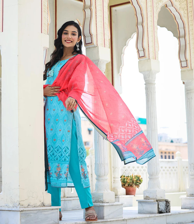 Chanderi Blue Kurta -Pant Set with Pink Printed Dupatta