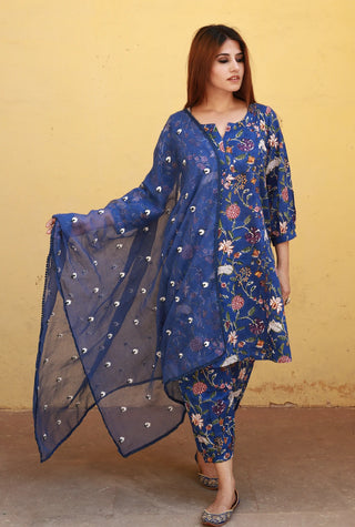 Cotton Blue Printed Suit Set with Doriya Dupatta