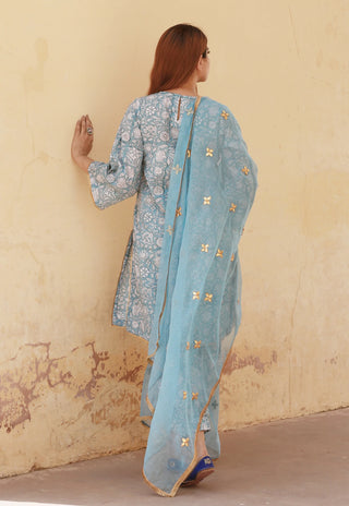 Cotton Sky Blue Printed Suit Set with Kotta Doriya Dupatta