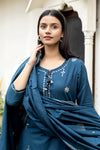 Cotton Navy Blue Mirror Embellished Suit Set with Dupatta