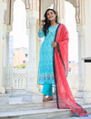 Chanderi Blue Kurta -Pant Set with Pink Printed Dupatta