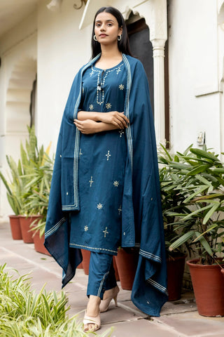 Cotton Navy Blue Mirror Embellished Suit Set with Dupatta