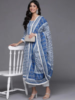 Cotton Blue & Grey Printed Suit Set with Dupatta