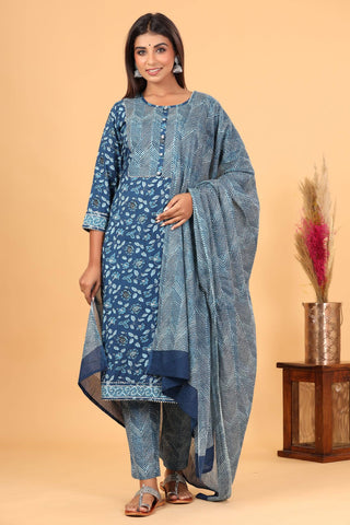 Cotton Blue Floral Print Suit Set - Ria Fashions