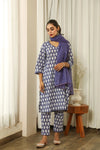 Cotton Blue & White Printed Suit Set with Cotton Doriya Dupatta