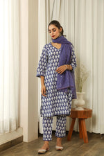 Cotton Blue & White Printed Suit Set with Cotton Doriya Dupatta