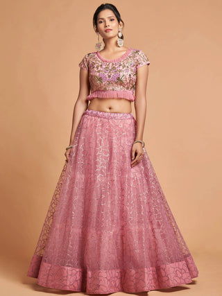 Net Pink Zari & Thread Embroidered Wedding Wear Lehenga Choli Set - Ria Fashions