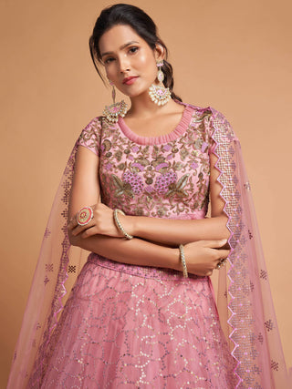 Net Pink Zari & Thread Embroidered Wedding Wear Lehenga Choli Set - Ria Fashions