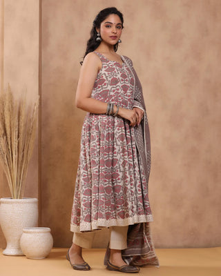 Chocolate Brown Cotton Printed Anarkali Suit Set with Dupatta