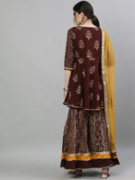 Cotton Brown & Yellow Printe & Yoke Design Sharara Set with Dupatta