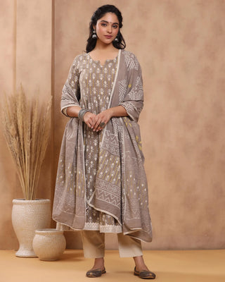 Brown Cotton Printed Anarkali Suit Set with Dupatta
