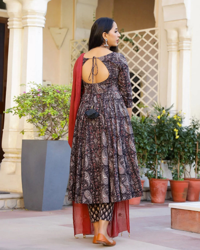 Cotton Brown Bagru Print Anarkali Suit Set with Red Mulmul Dupatta