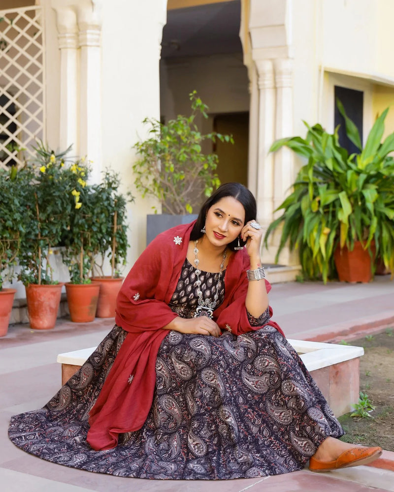 Cotton Brown Bagru Print Anarkali Suit Set with Red Mulmul Dupatta