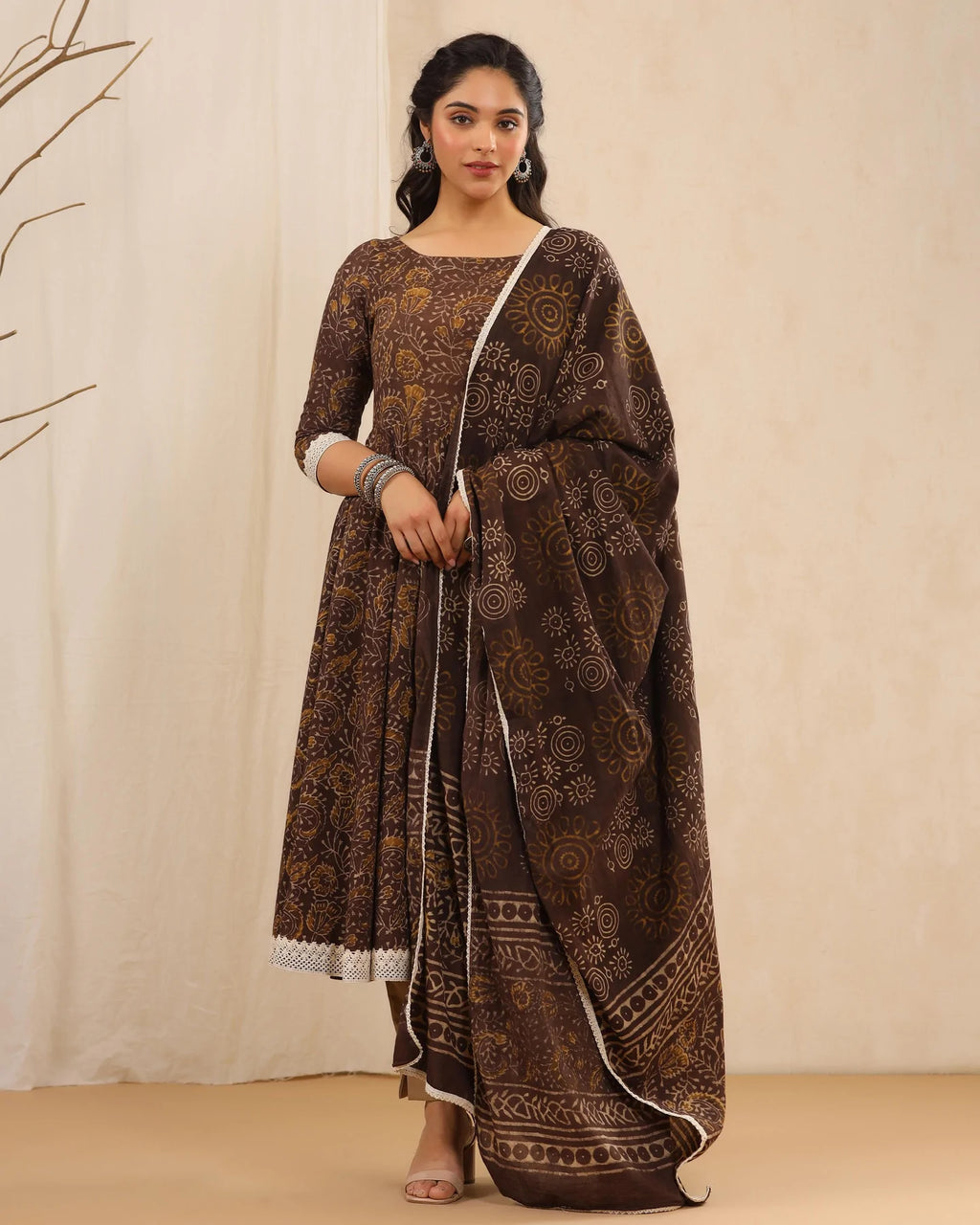 Brown Cotton Printed Anarkali Suit Set with Dupatta