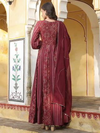 Burgandy Chanderi Printed & Hand Embroidered Gown with Organza Dupatta