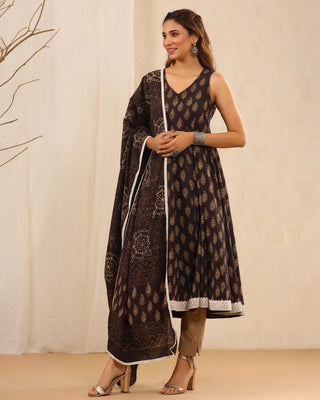 Dark Cotton Printed Anarkali Suit Set with Dupatta