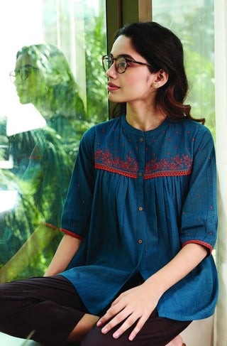 Cotton Flex Blue Embroidered Top