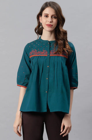 Cotton Flex Blue Embroidered Top