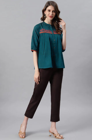 Cotton Flex Blue Embroidered Top