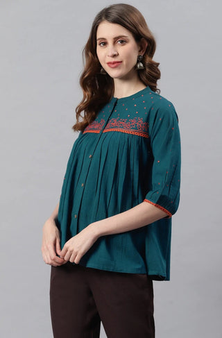 Cotton Flex Blue Embroidered Top