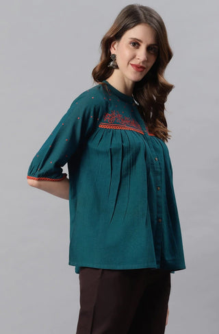 Cotton Flex Blue Embroidered Top