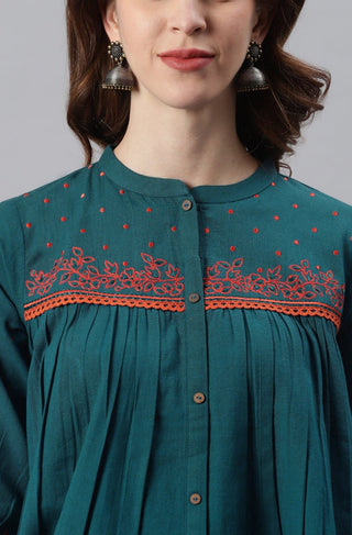 Cotton Flex Blue Embroidered Top