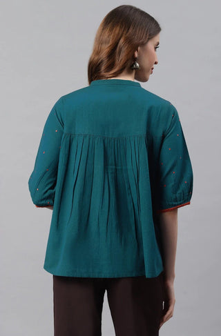 Cotton Flex Blue Embroidered Top