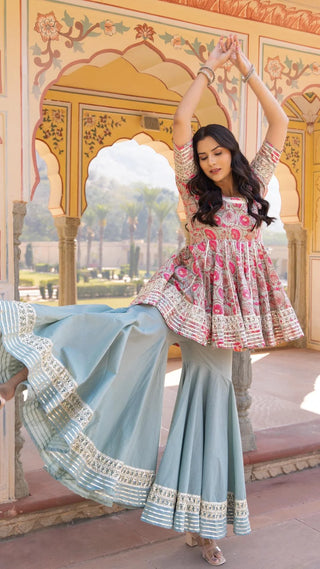 Cotton Grey & Pink Printed Sharara Set with Soft Net Dupatta