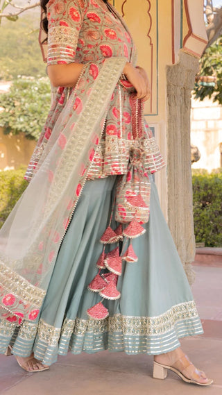 Cotton Grey & Pink Printed Sharara Set with Soft Net Dupatta