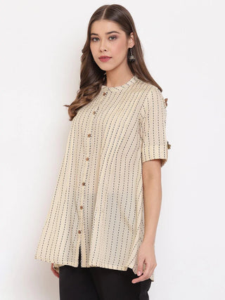 Cotton Cream Striped Pleated Shirt Style Top