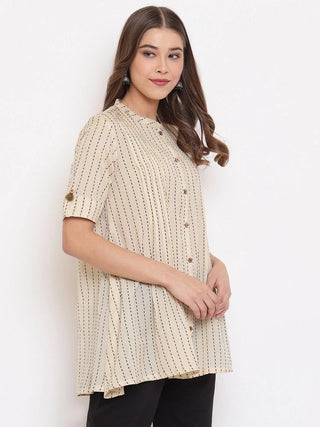 Cotton Cream Striped Pleated Shirt Style Top