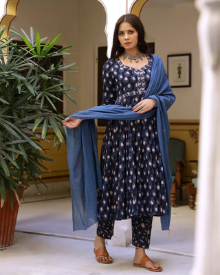 Cotton Navy Blue Bagru Print Anarkali Suit Set wit Mulmul Dupatta