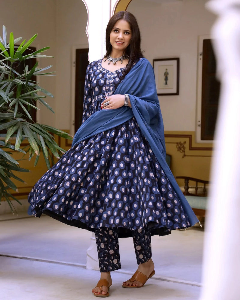 Cotton Navy Blue Bagru Print Anarkali Suit Set wit Mulmul Dupatta