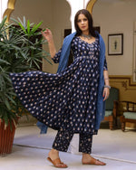 Cotton Navy Blue Bagru Print Anarkali Suit Set wit Mulmul Dupatta