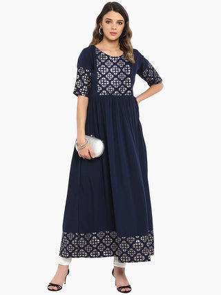 Dark Blue Poly Crepe Foil Print A Line Kurta