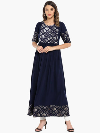 Dark Blue Poly Crepe Foil Print A Line Kurta