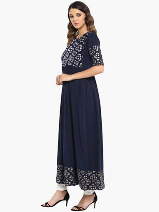 Dark Blue Poly Crepe Foil Print A Line Kurta