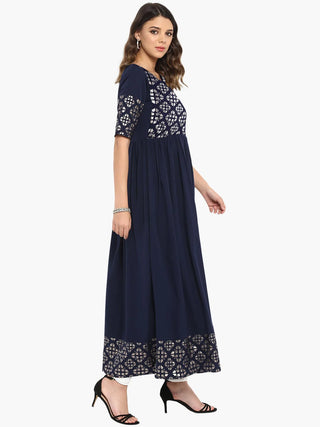 Dark Blue Poly Crepe Foil Print A Line Kurta