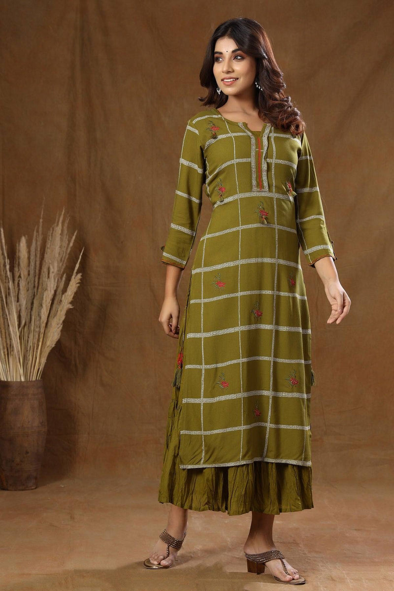 Cotton Dark Green Thread Print Kurta - Ria Fashions