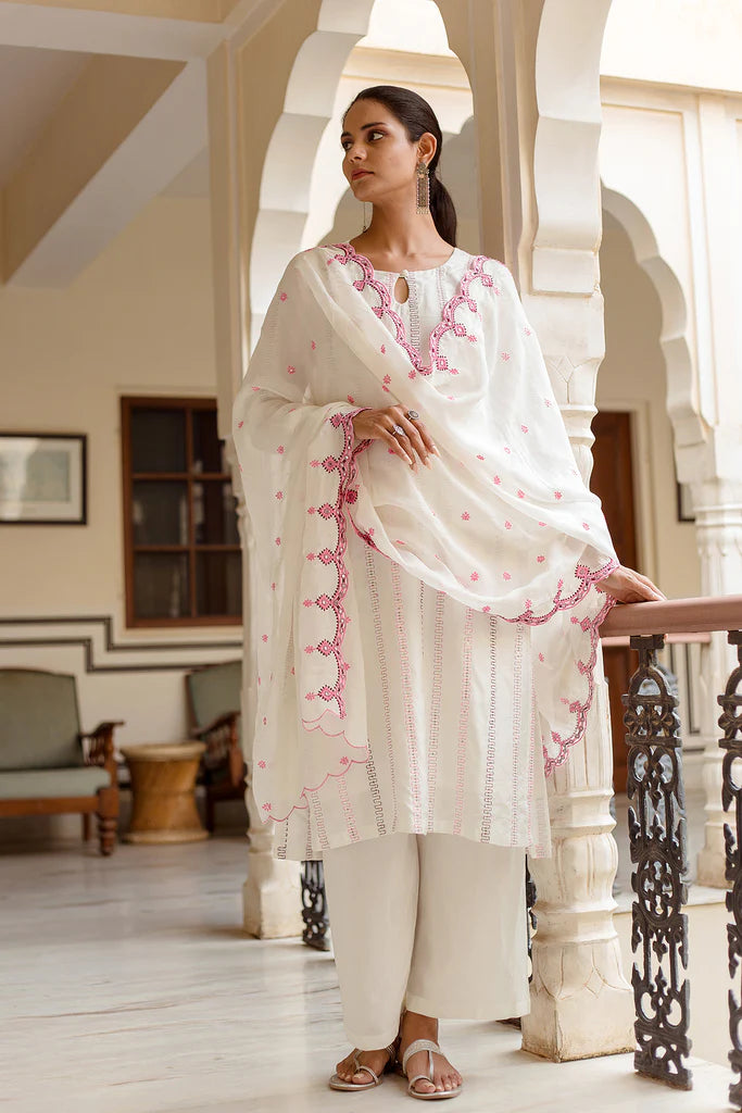 Pink White Silk Blend Embroidered Suit Set with Organza Dupatta