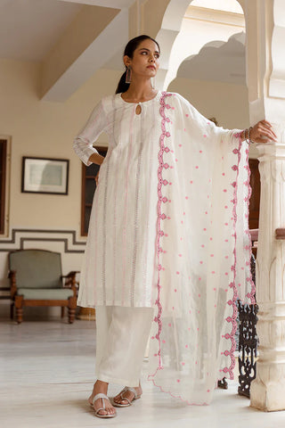 Pink & White Silk Blend Embroidered Suit Set with Organza Dupatta